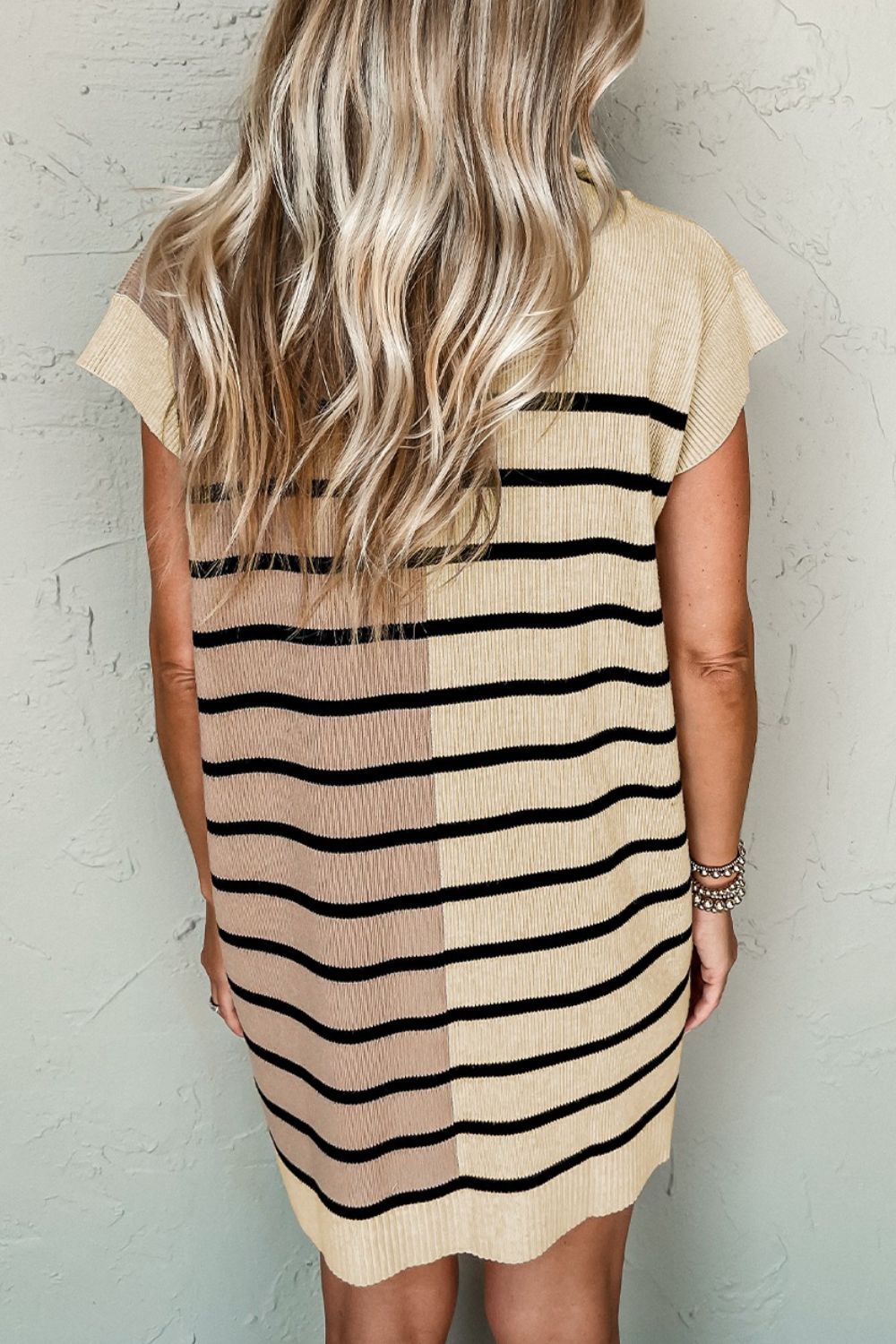 Striped Quarter Zip Cap Sleeve Sweater Dress - felvior