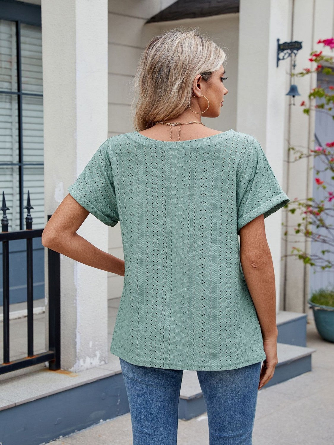 Eyelet Round Neck Short Sleeve Top - felvior