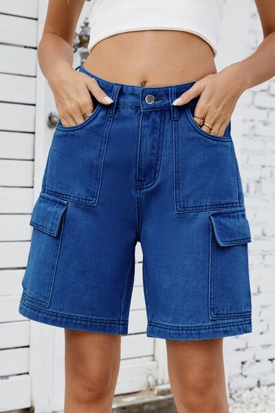 High Rise Denim Shorts with Cargo Pockets - felvior