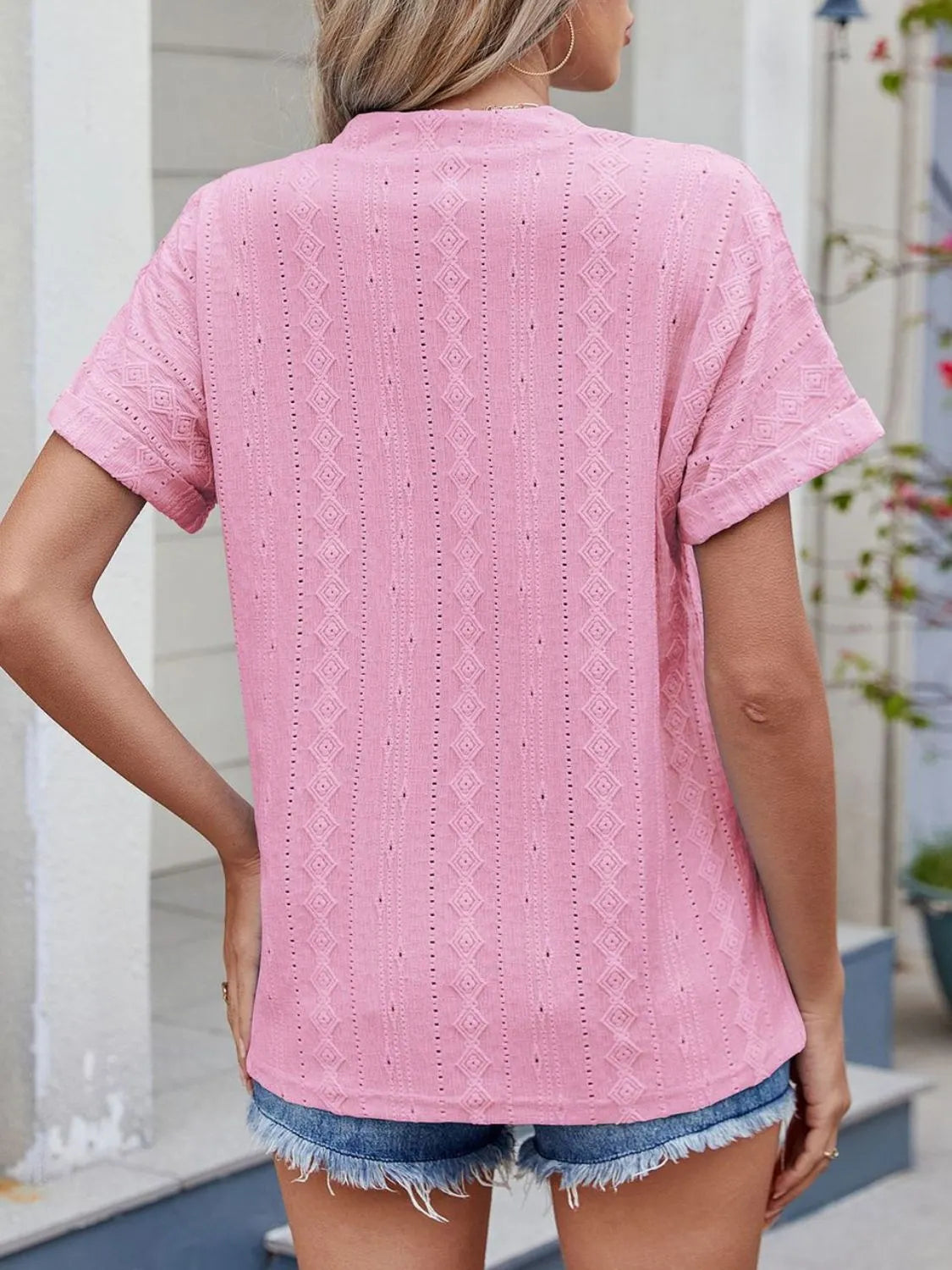 Eyelet Notched Short Sleeve Top