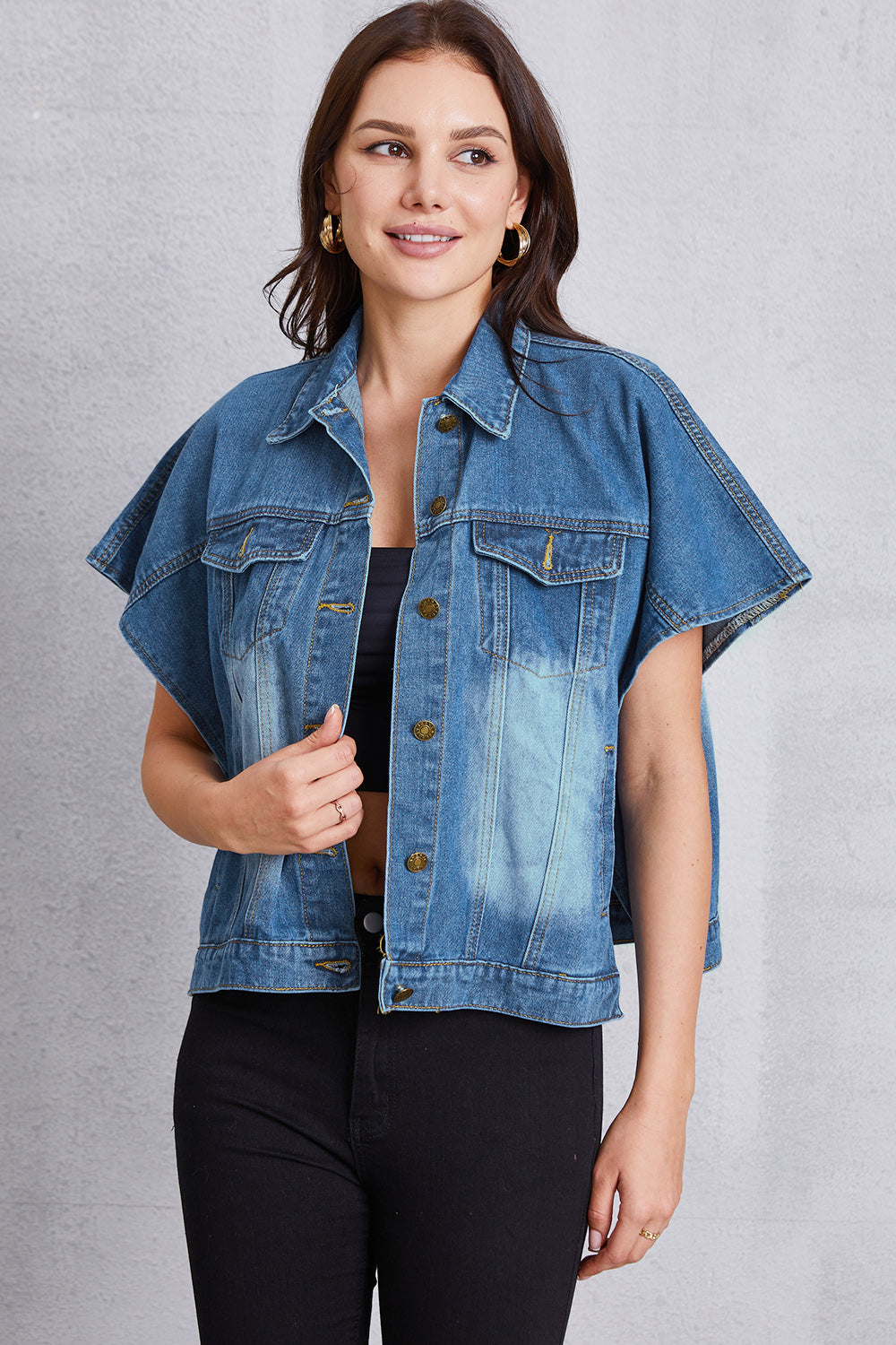 Pocketed Button Up Short Sleeve Denim Top - felvior