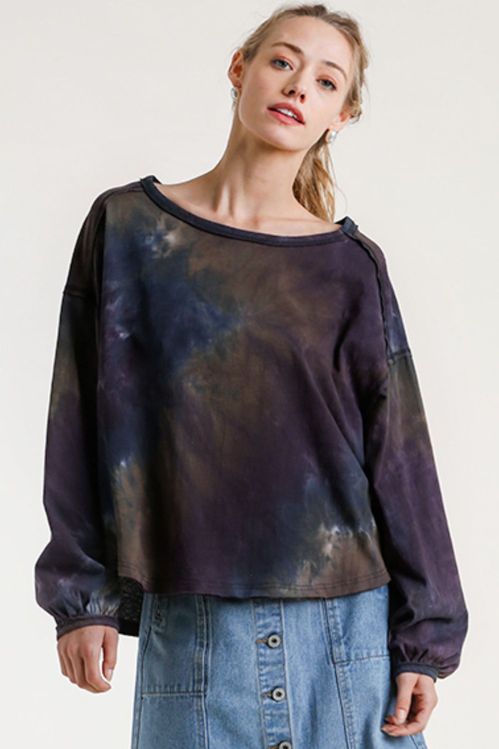Umgee Full Size Tie Dye Round Neck Long Balloon Sleeve Top Plus Size Image principale du produit