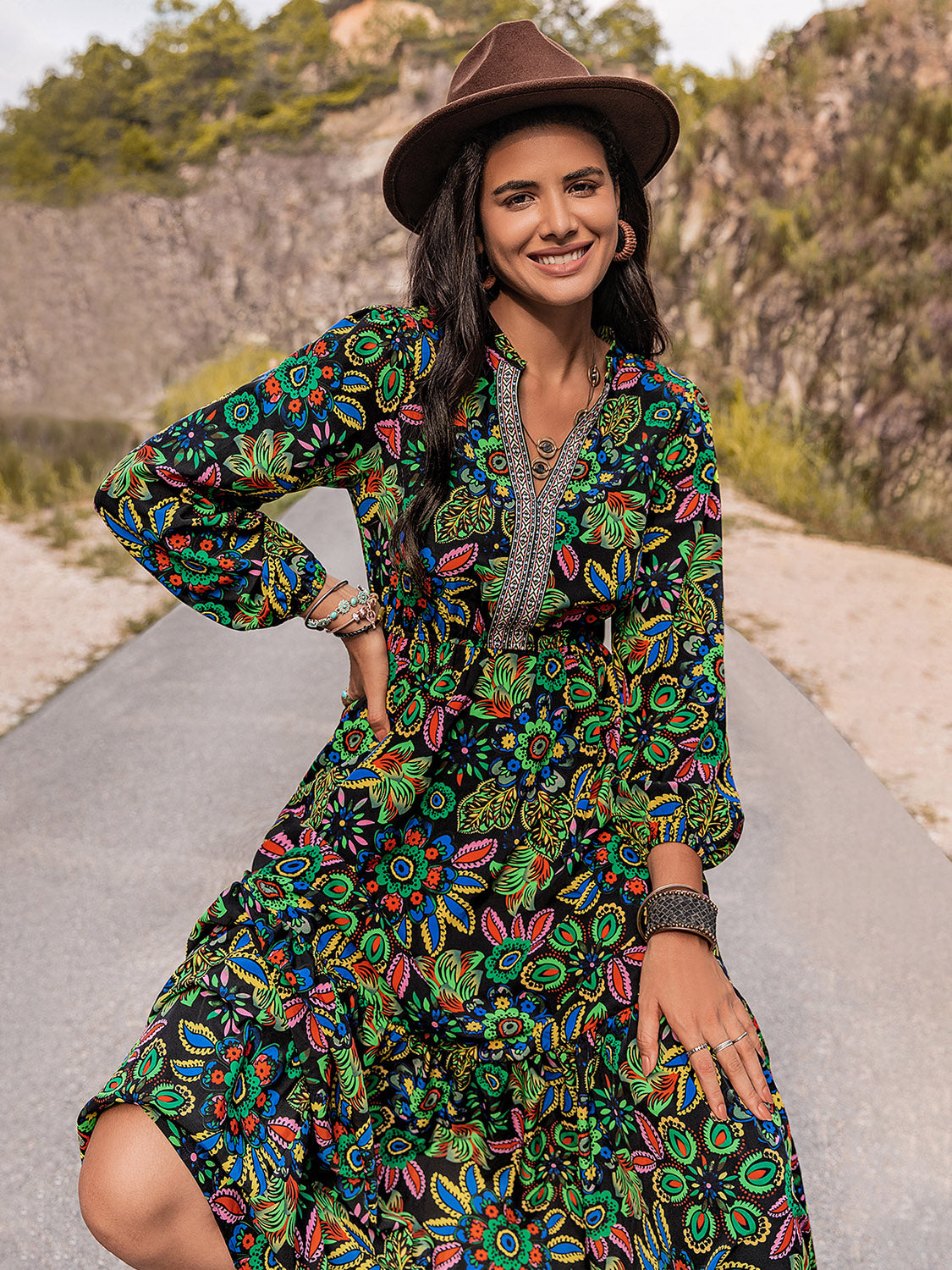 Printed Notched Neck Maxi Dress - felvior