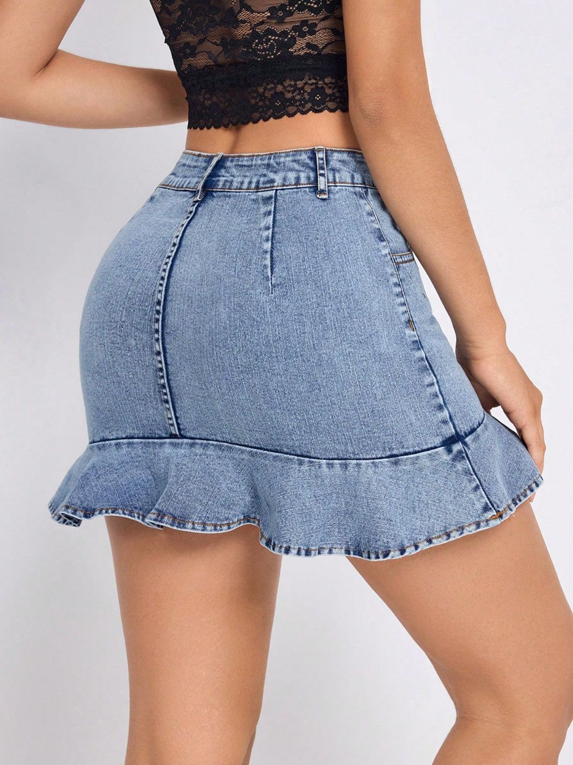 Ruffled Hem Denim Mini Skirt - felvior
