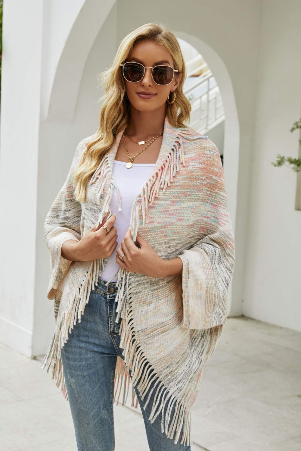 Multicolored Fringe Trim Poncho Hauptbild