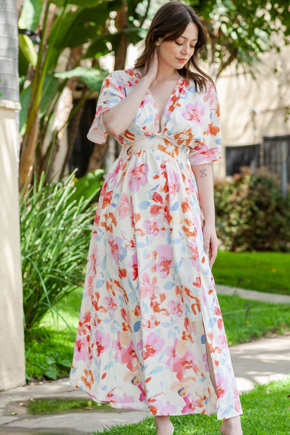 Floral Deep V Slit Maxi Dress - felvior