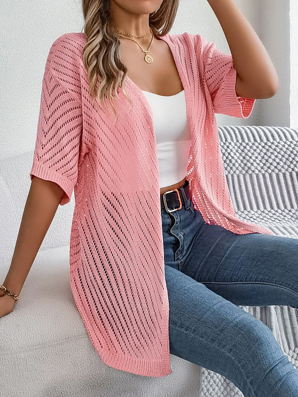 Openwork Open Front Half Sleeve Cardigan