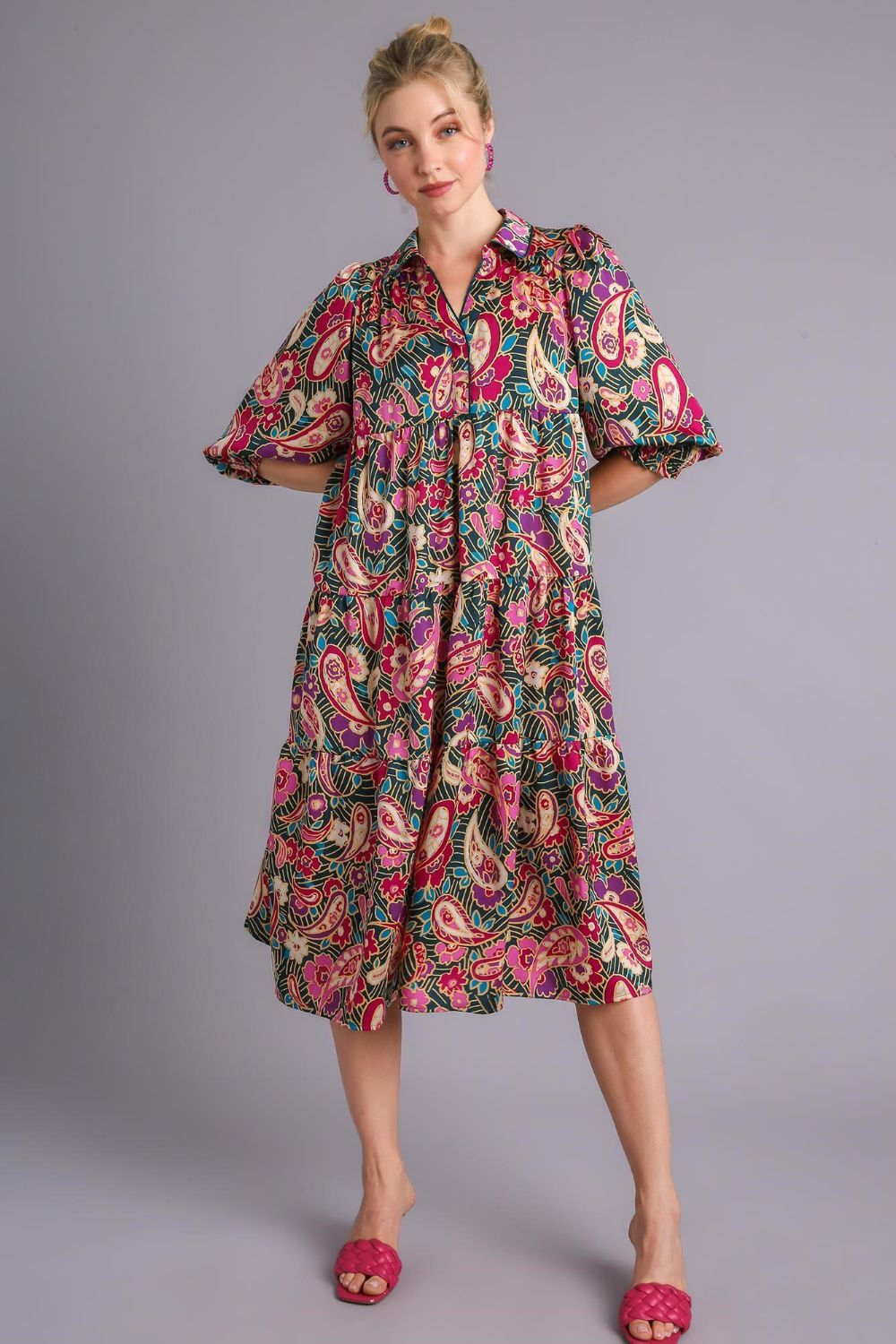 Umgee Full Size Paisley Print Satin Tiered Midi Dress Plus Size Main image