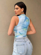 Printed Mock Neck Ruched Tank