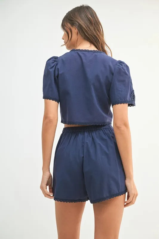 MABLE Crochet Lace Detail Crop Top and Shorts Set - felvior