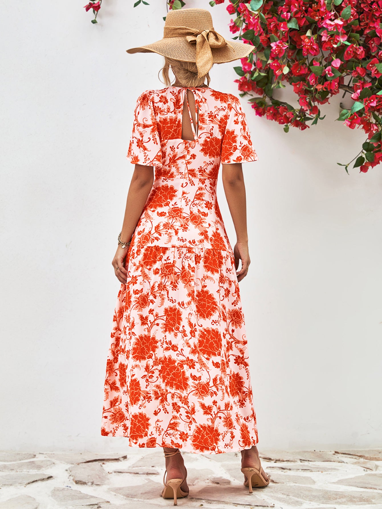 Floral Round Neck Tied Open Back Dress - felvior
