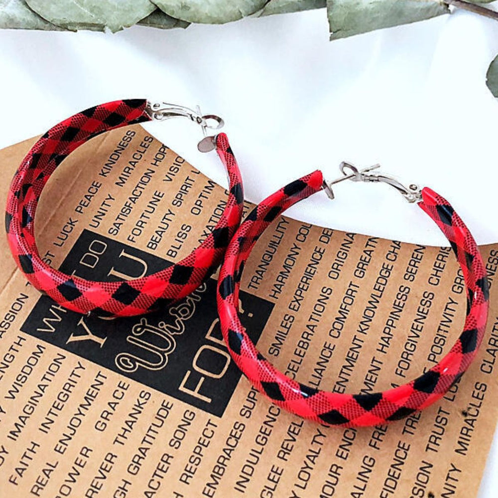 Plaid PU Leather Hoop Earrings - felvior