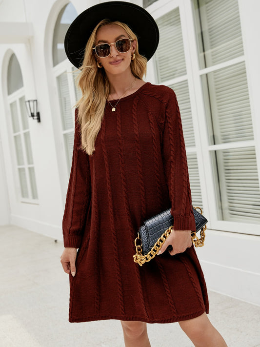 Cable-Knit Long Sleeve Sweater Dress - felvior