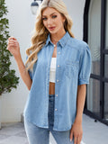 Collared Neck Button Up Denim Shirt - felvior