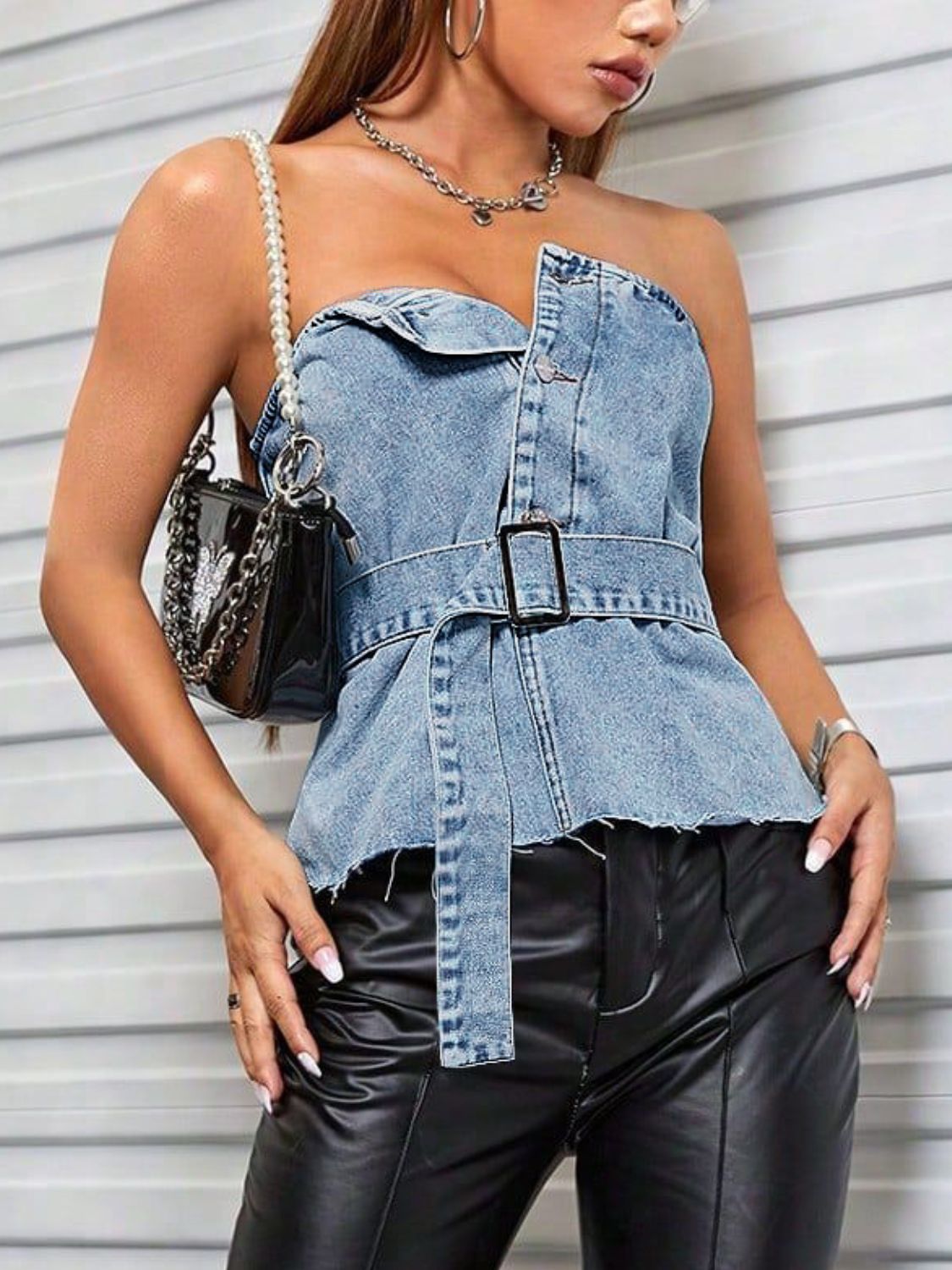 Frayed Hem Button Detail Tube Top - felvior