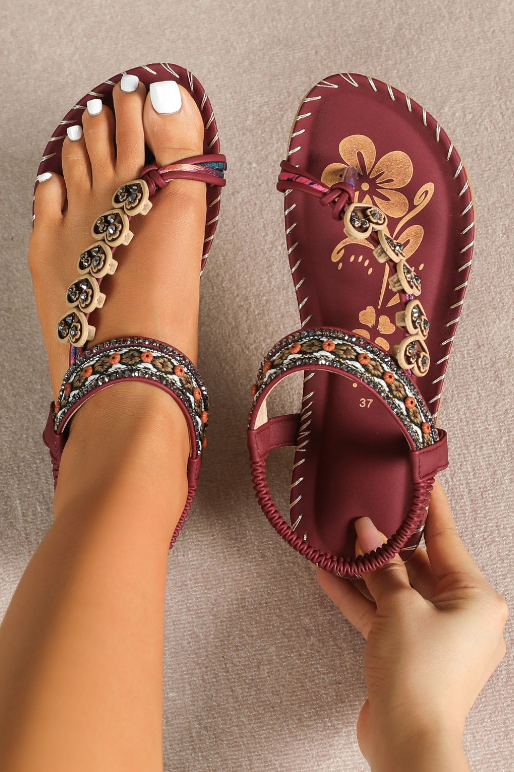 Toe Loop PU Leather Flats Sandals - felvior