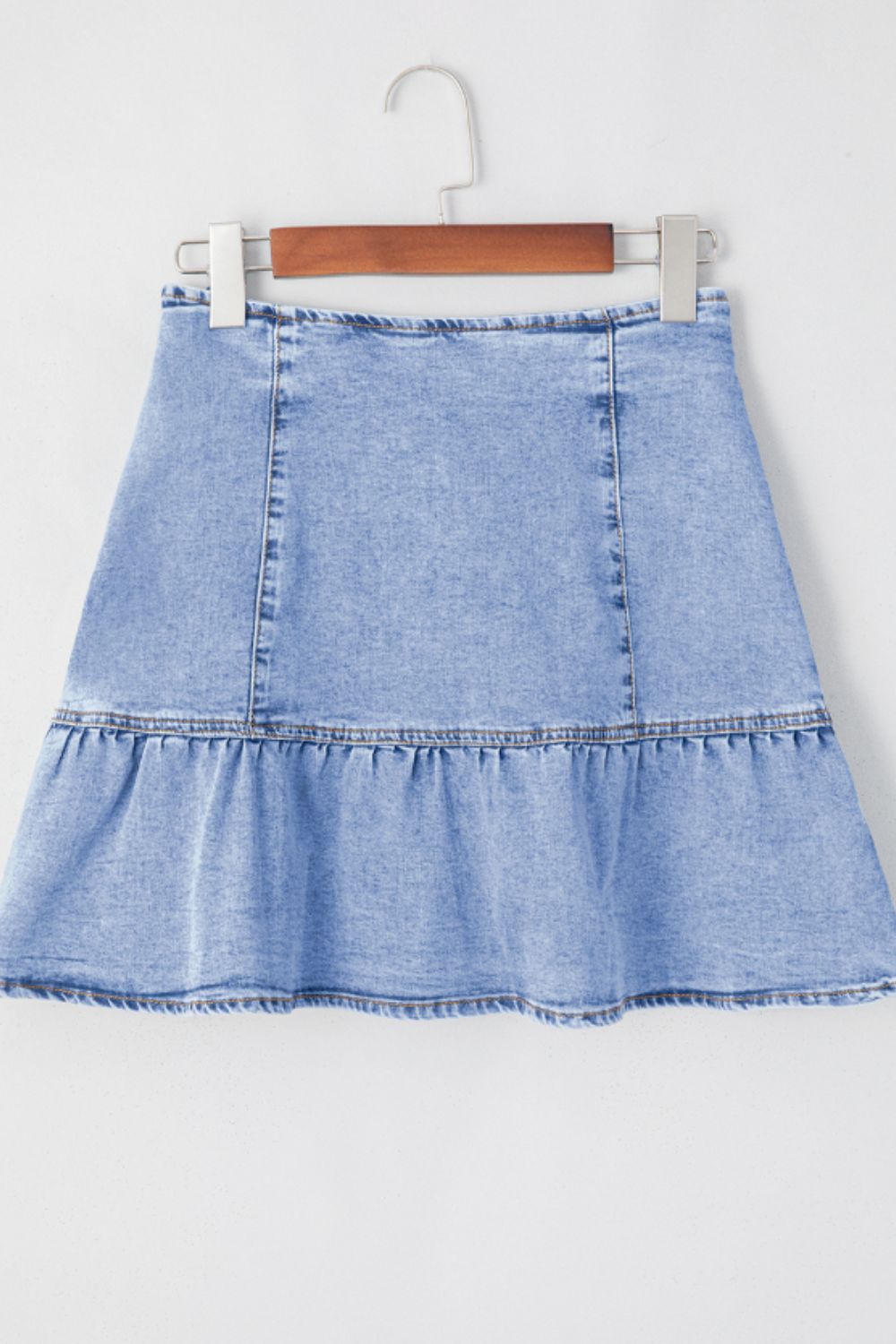 Asymmetric Ruffle Overlay Denim Mini Skirt - felvior