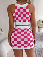 Checkered Grecian Neck Cami and Skirt Sweater Set