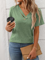 Ribbed V-Neck Short Sleeve T-Shirt