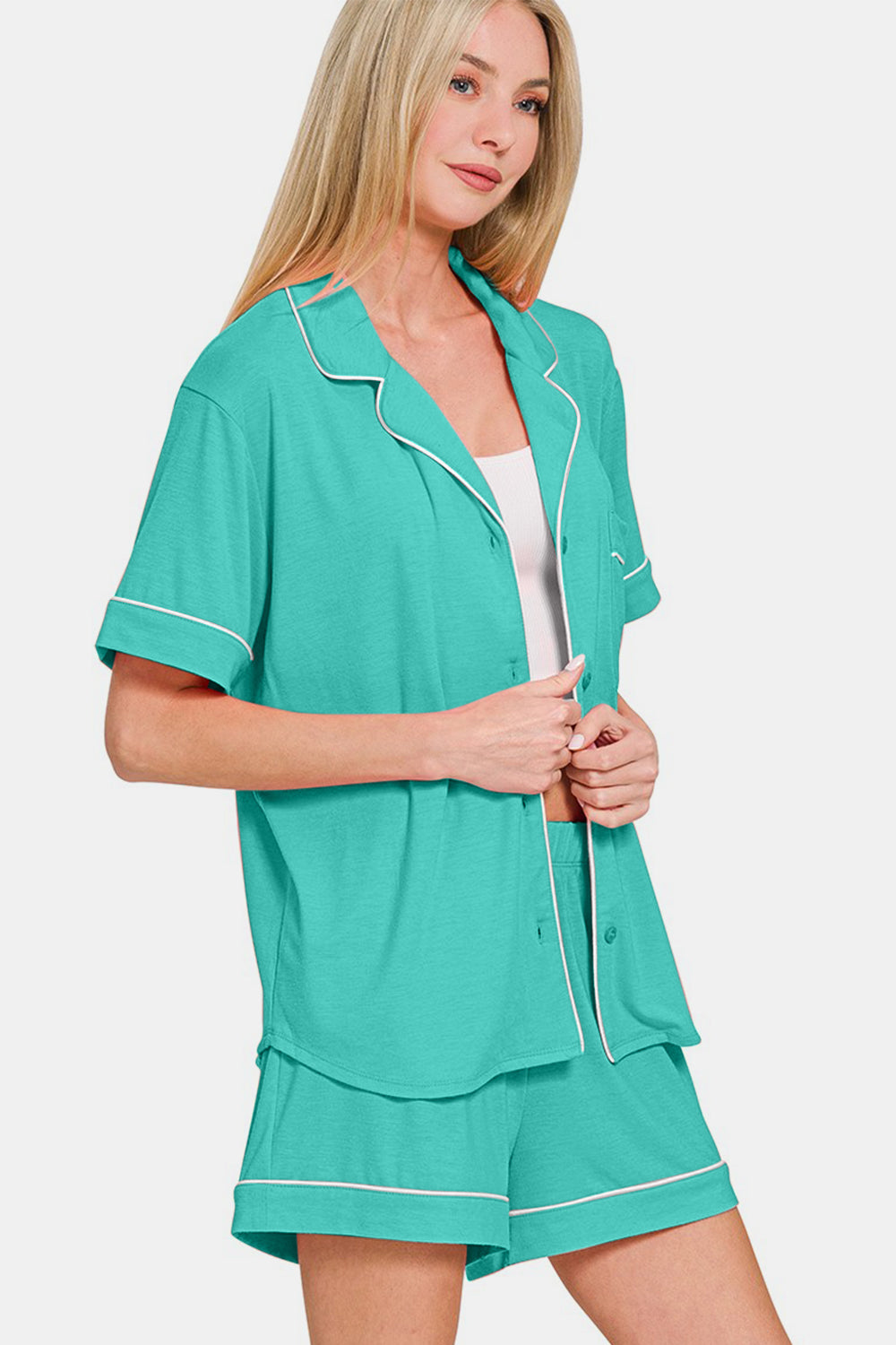 Zenana Button Down Short Sleeve Top and Shorts Lounge Set - felvior