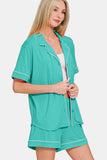 Zenana Button Down Short Sleeve Top and Shorts Lounge Set - felvior