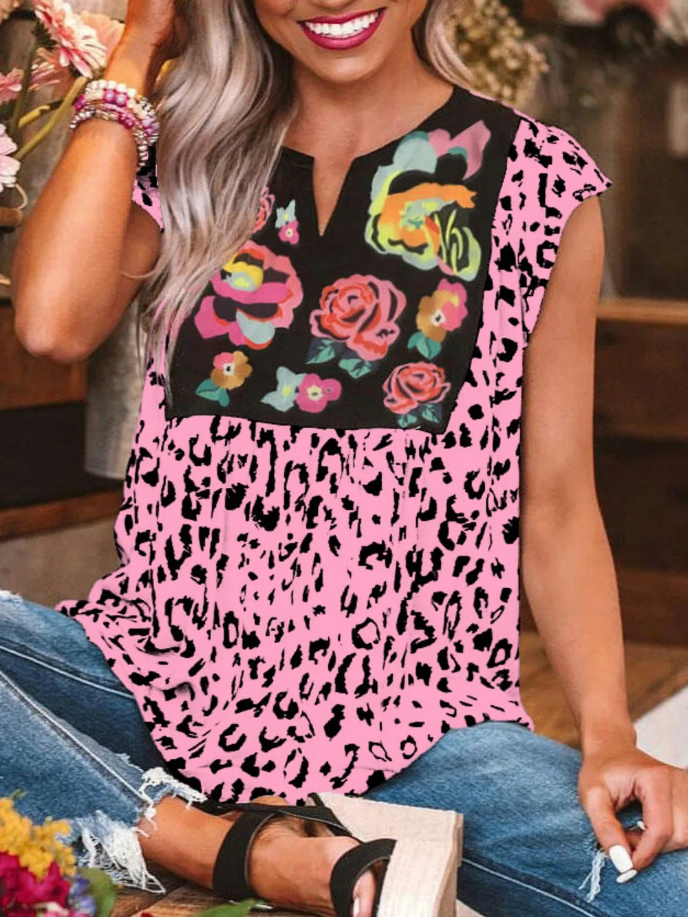 Full Size Leopard Floral Notched Cap Sleeve Blouse Plus Size