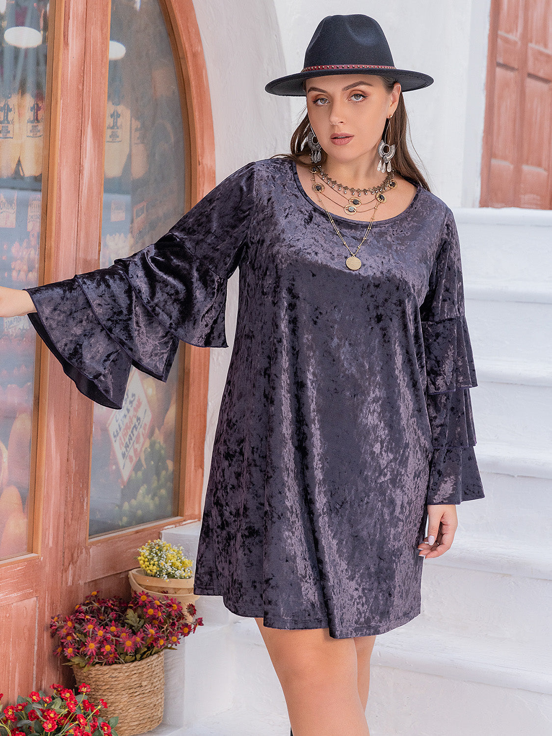 Plus Size Round Neck Flounce Sleeve Mini Dress - felvior