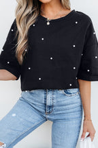 Pearl Beaded Round Neck Half Sleeve T Shirt