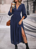Perfee V-Neck Long Sleeve Pleated Slit Dress - felvior