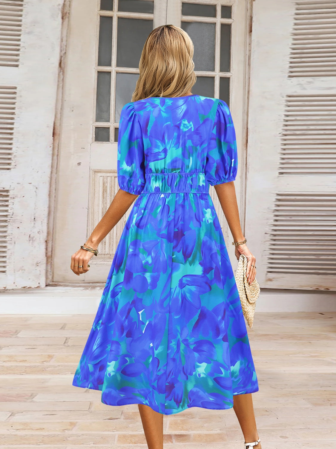 Ruched Printed Surplice Short Sleeve Dress - felvior