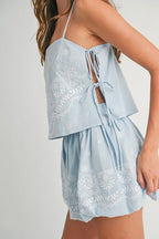MABLE Embroidered Crop Cami and Balloon Mini Skirt Set