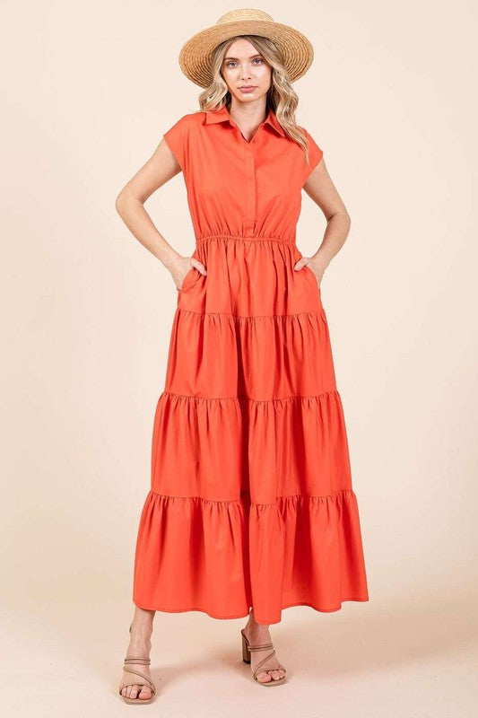 Mittoshop Button Up Collared Tiered Maxi Shirt Dress - felvior