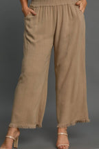 Umgee Full Size Linen Blend Elastic Waistband Wide Leg Pants Plus Size