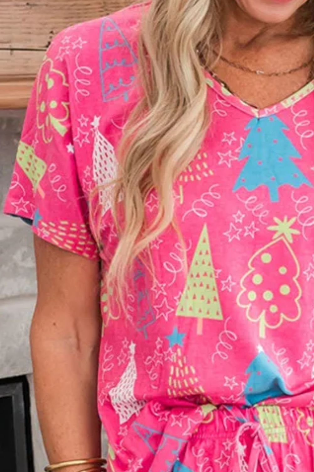 Printed V-Neck Short Sleeve Top and Pants Lounge Set - felvior