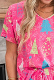 Printed V-Neck Short Sleeve Top and Pants Lounge Set - felvior