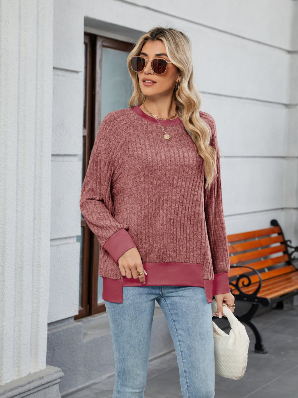 Contrast Trim Round Neck Long Sleeve T-Shirt