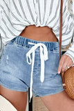 Drawstring High Waist Distressed Denim Shorts - felvior