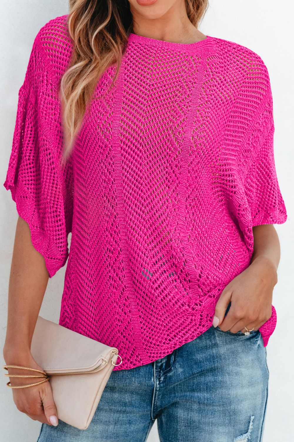 Scallop Edge Half Sleeve Pointelle Knit Top Hauptbild