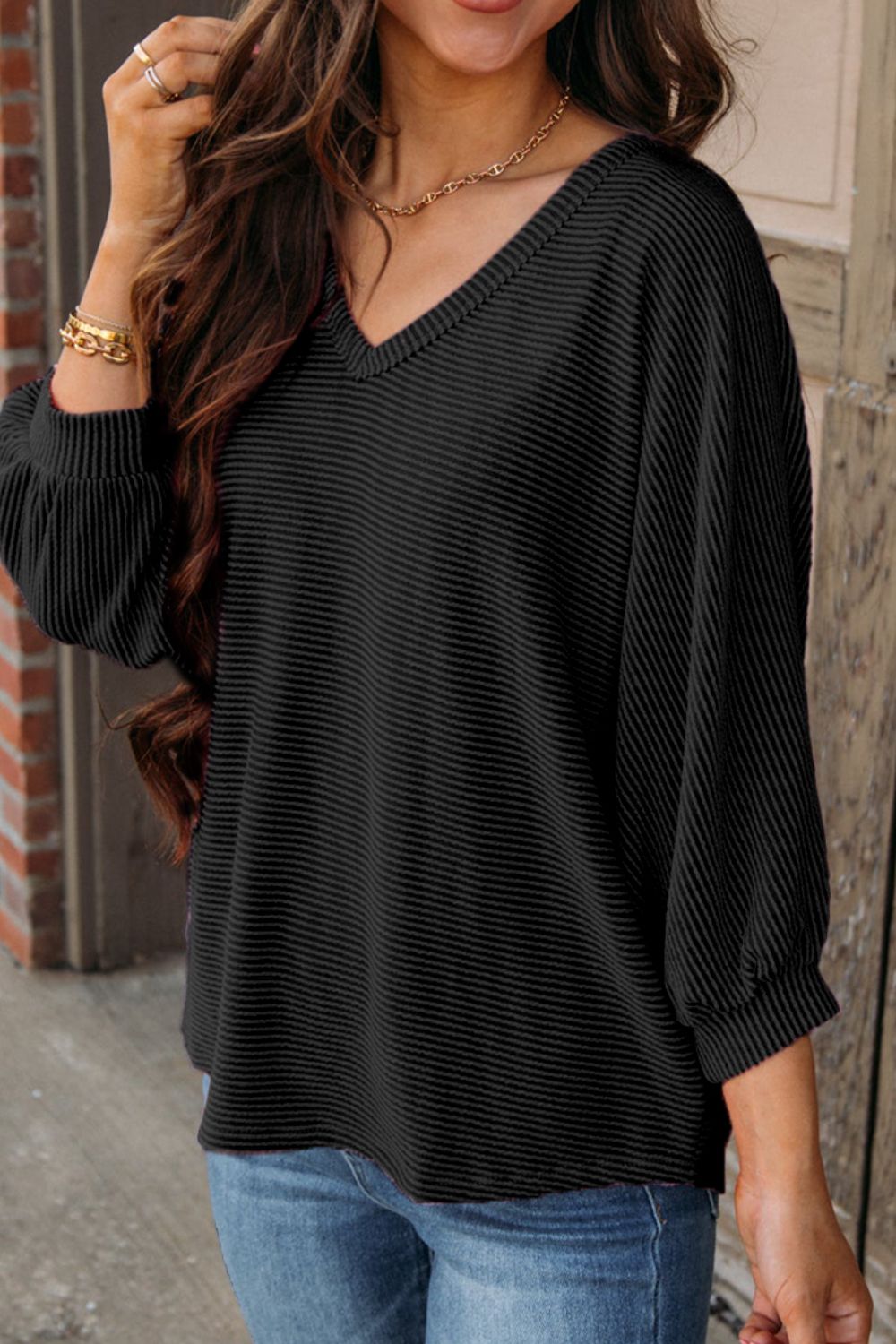 Texture V-Neck Long Sleeve Top - felvior