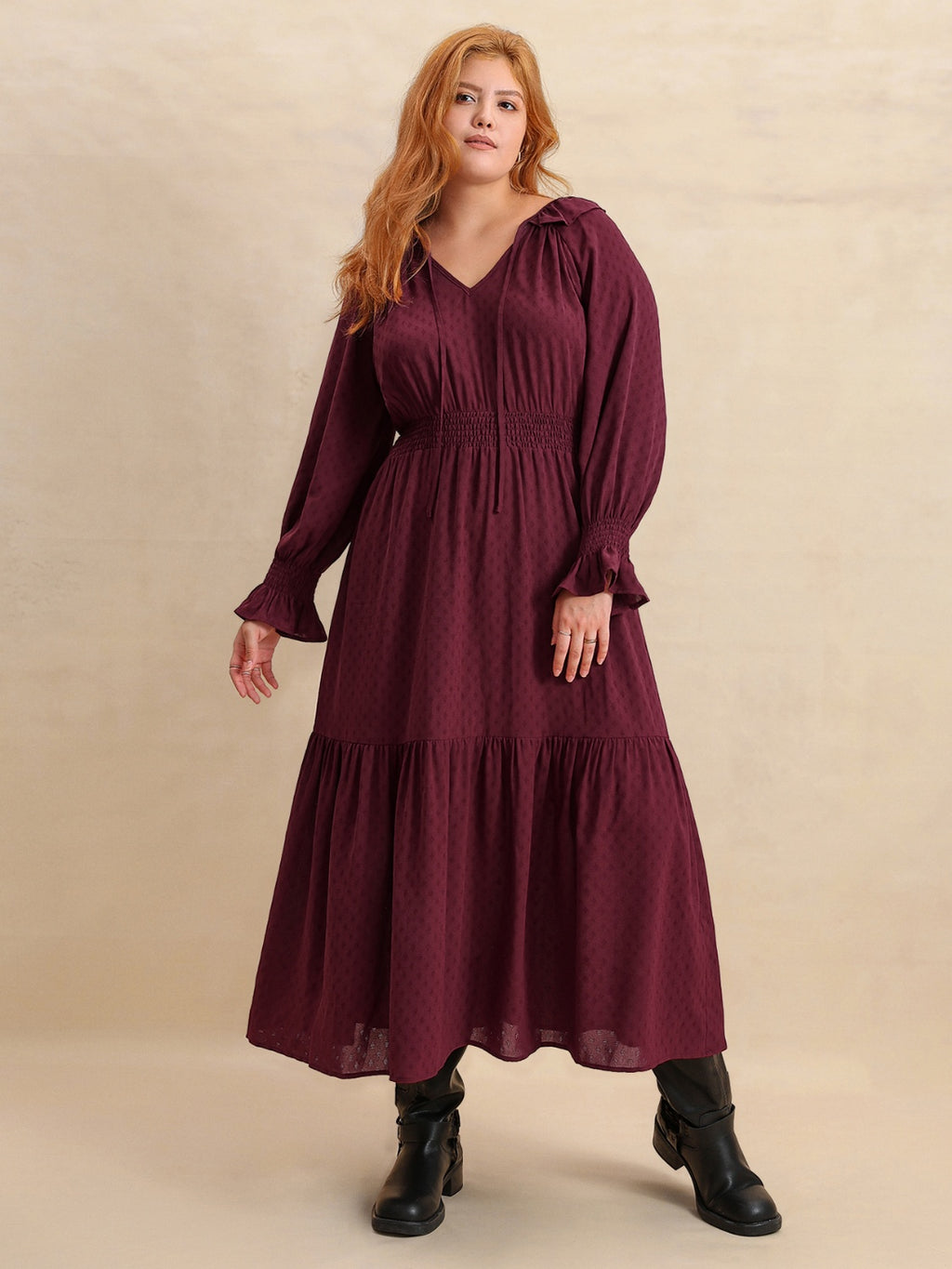 Plus Size Swiss Dot Tie Neck Flounce Sleeve Maxi Dress