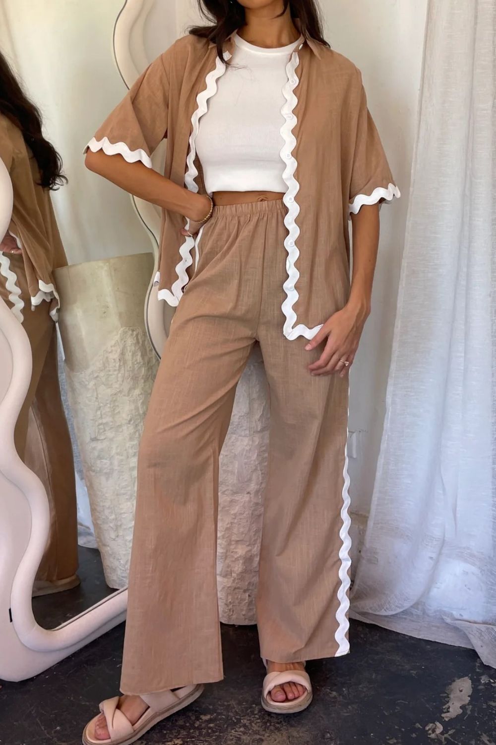 Contrast Trim Half Sleeve Top and Pants Set - felvior