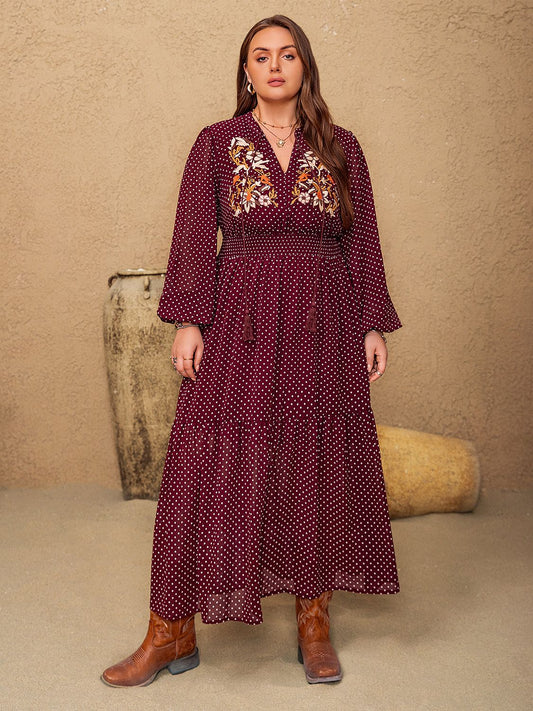 Plus Size Embroidered Polka Dot Tie Neck Long Sleeve Midi Dress - felvior