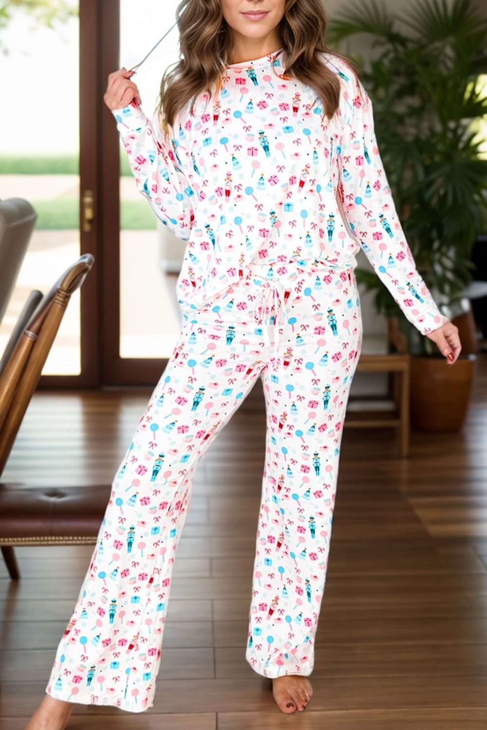 Printed Round Neck Long Sleeve Top and Pants Lounge Set - felvior