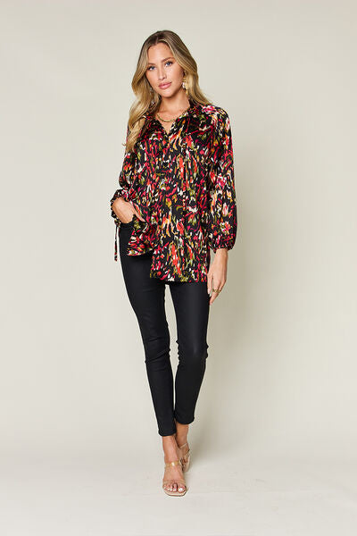 Double Take Full Size Printed Button Up Long Sleeve Shirt - felvior