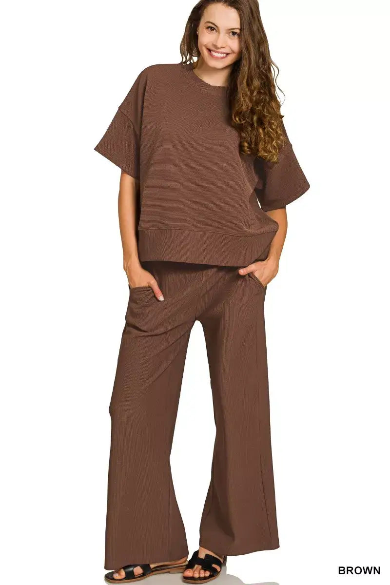 Zenana Ribbed Round Neck Tee & Pants Set