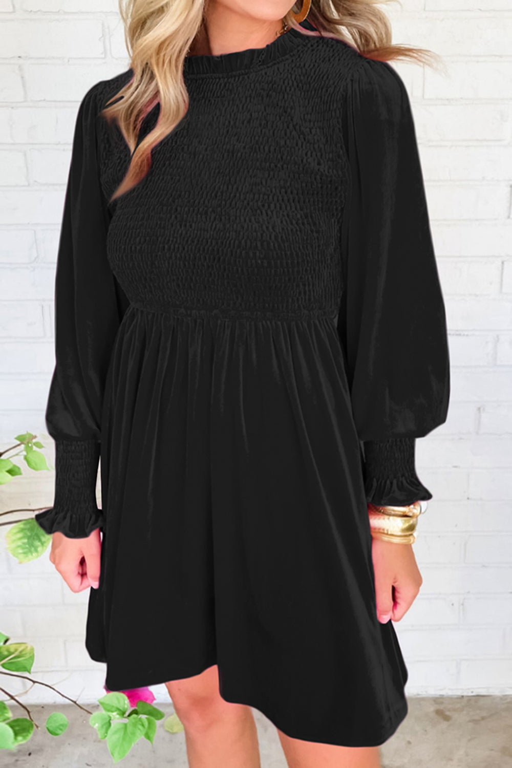 Smocked Round Neck Long Sleeve Dress - felvior