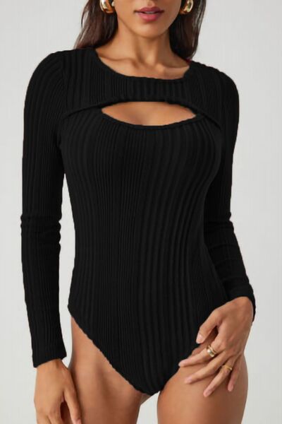 Ribbed Cutout Round Neck Bodysuit - felvior