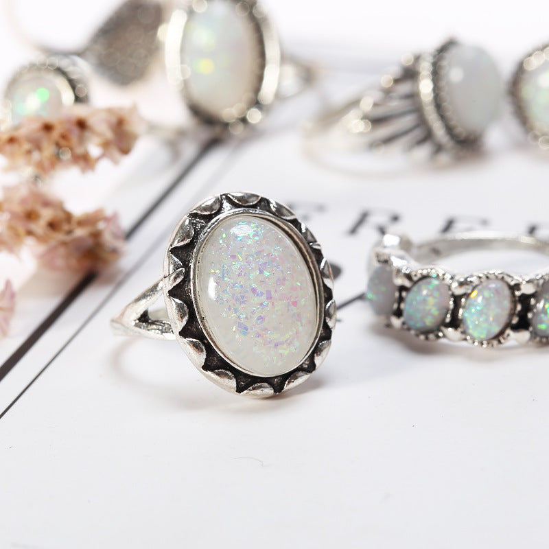 Opal Alloy Geometric Ring 8-Piece Set - felvior