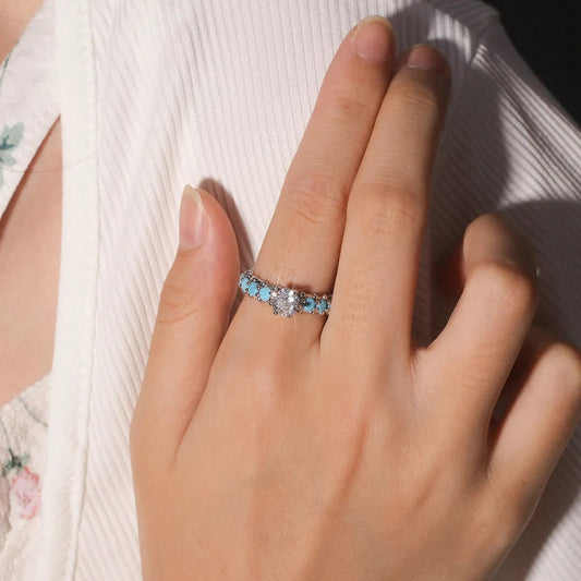 Inlaid Artificial Turquoise Zircon 925 Sterling Silver Ring - felvior
