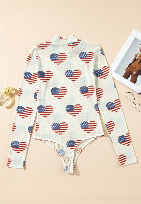 US Flag Heart Mock Neck Long Sleeve Bodysuit - felvior